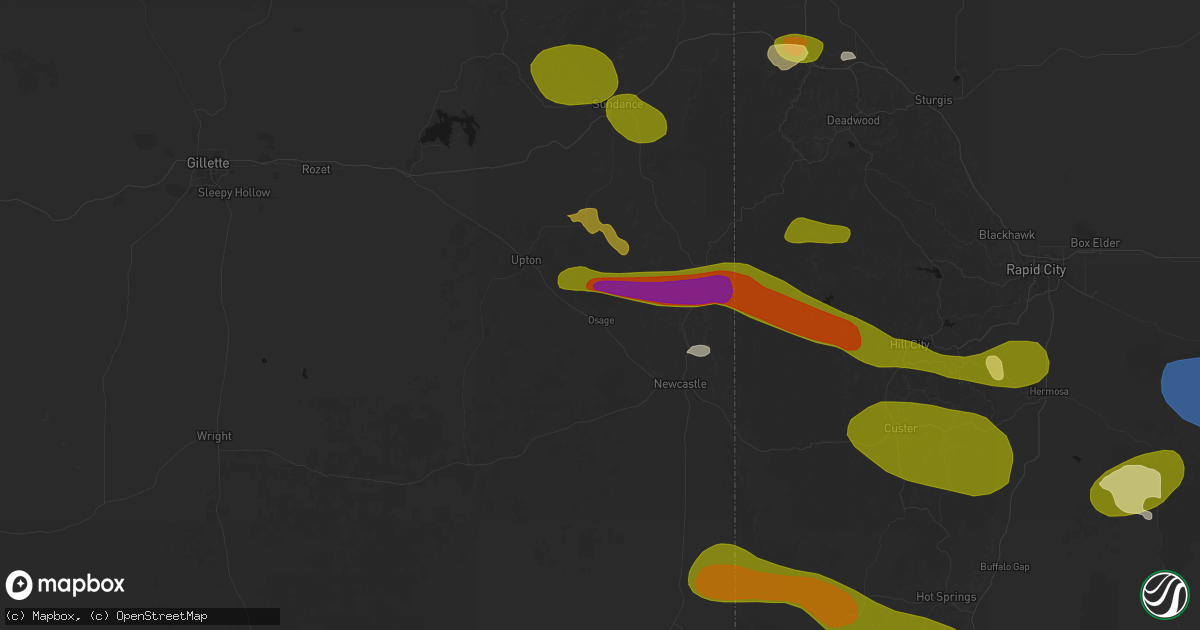 Hail map in Osage, WY on July 3, 2026