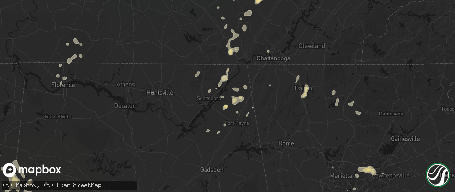 Hail map in Pisgah, AL on July 3, 2026