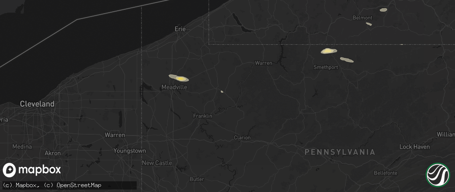 Hail map in Pleasantville, PA on July 3, 2026