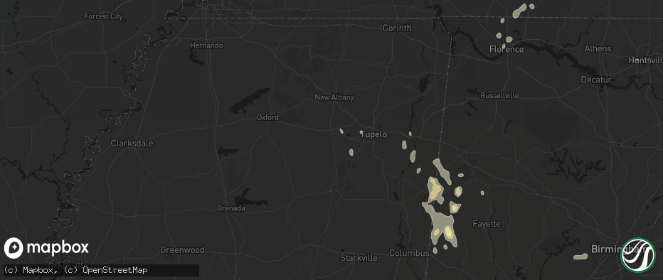 Hail map in Pontotoc, MS on July 3, 2026