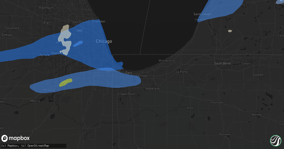 Hail map in Portage, IN on July 3, 2026