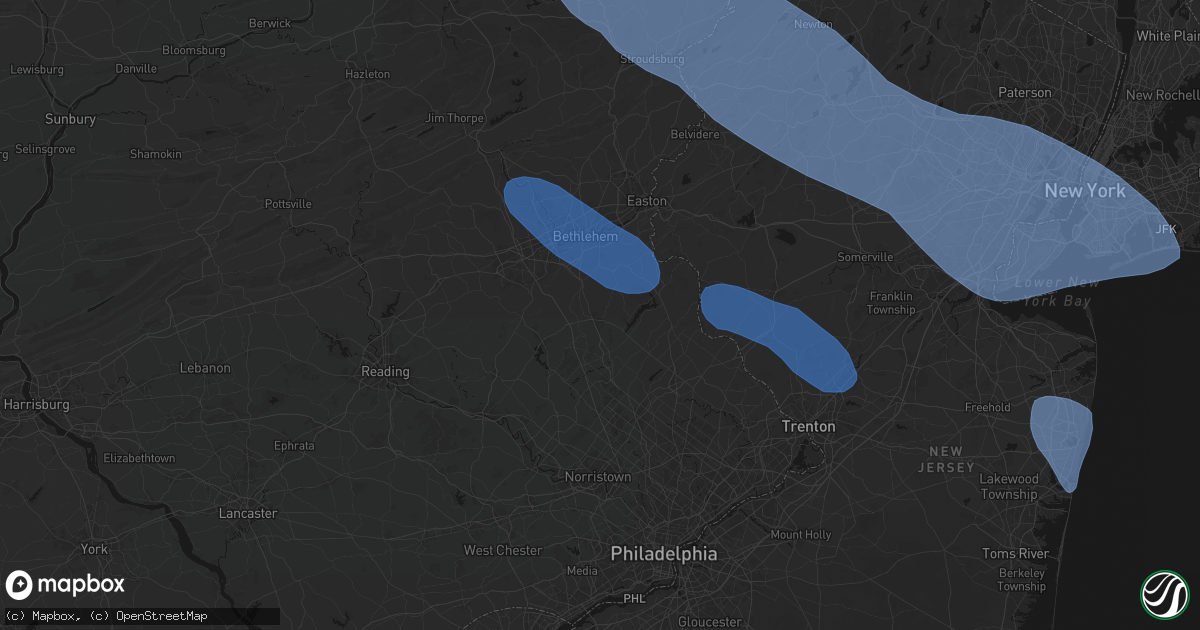 Hail map in Quakertown, PA on July 3, 2026