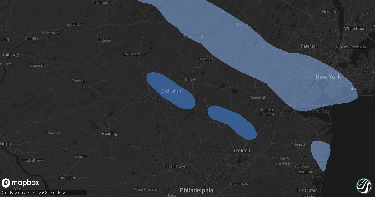 Hail map in Riegelsville, PA on July 3, 2026