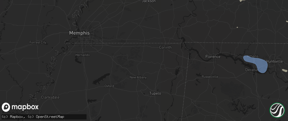 Hail map in Ripley, MS on July 3, 2026