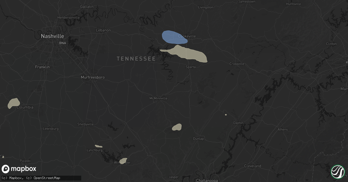 Hail map in Rock Island, TN on July 3, 2026