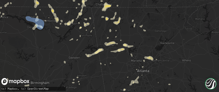Hail map in Rome, GA on July 3, 2026