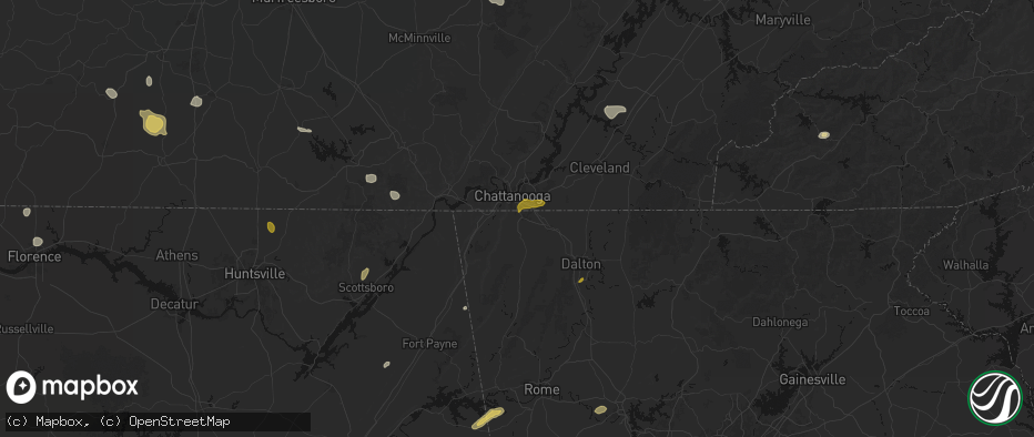 Hail map in Rossville, GA on July 3, 2026