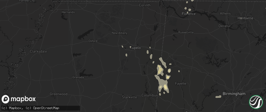 Hail map in Shannon, MS on July 3, 2026