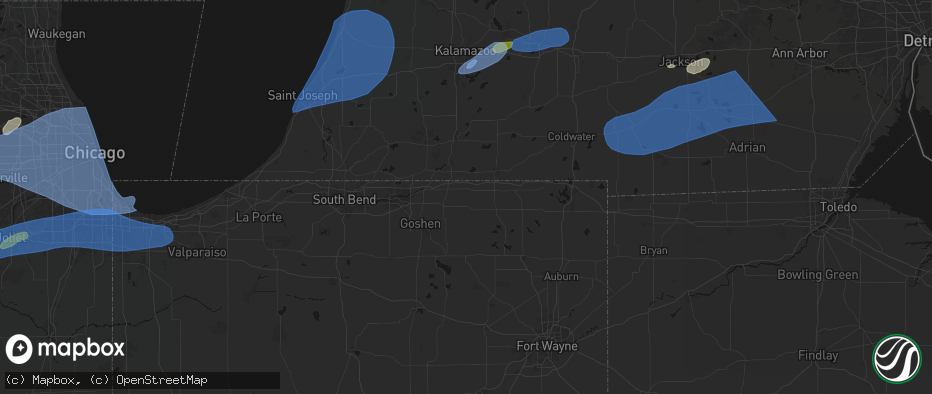 Hail map in Shipshewana, IN on July 3, 2026