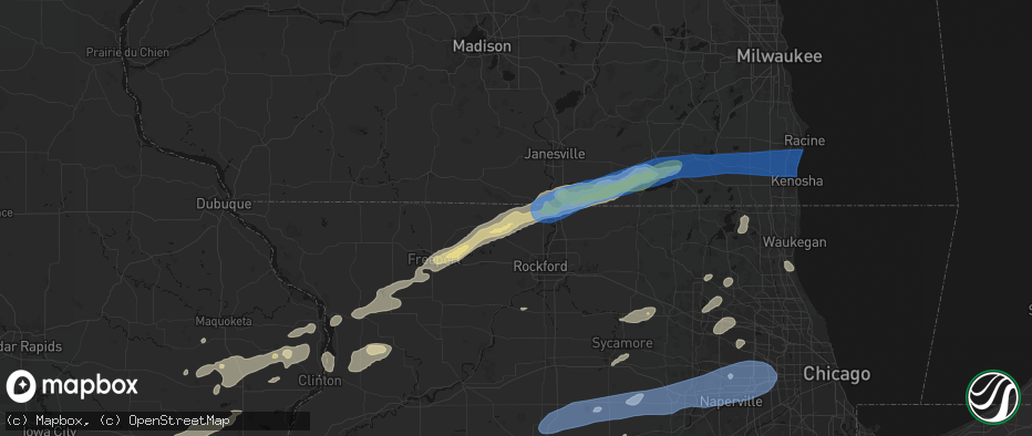 Hail map in Shirland, IL on July 3, 2026
