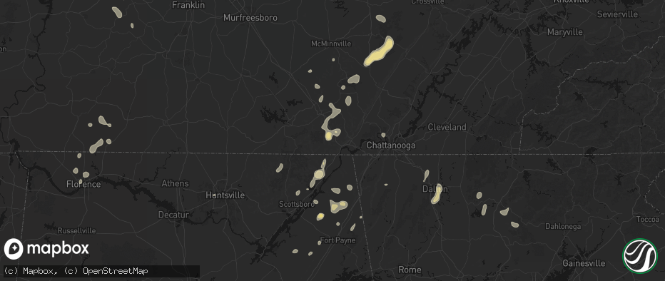 Hail map in South Pittsburg, TN on July 3, 2026