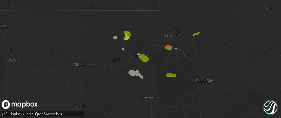 Hail map in Sundance, WY on July 3, 2026