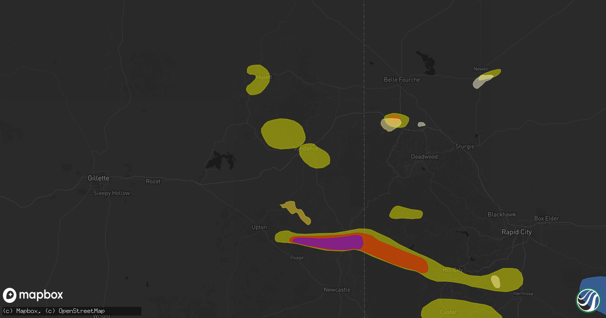 Hail map in Sundance, WY on July 3, 2026