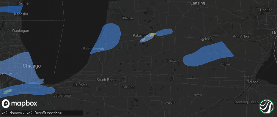 Hail map in Three Rivers, MI on July 3, 2026