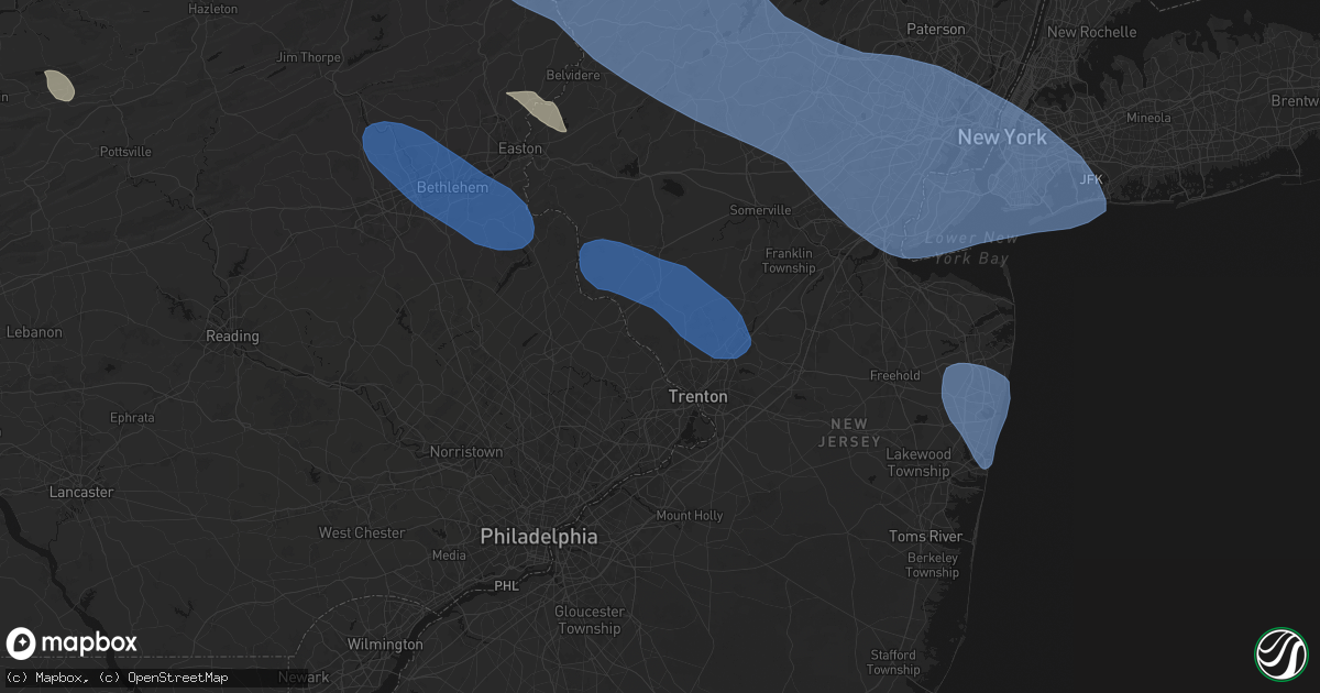 Hail map in Titusville, NJ on July 3, 2026
