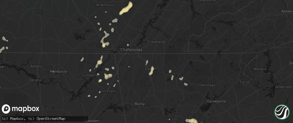 Hail map in Tunnel Hill, GA on July 3, 2026