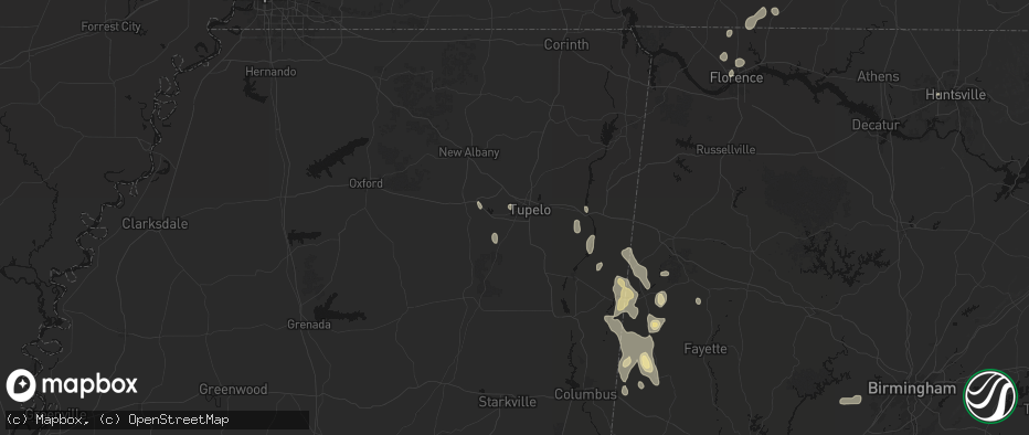 Hail map in Tupelo, MS on July 3, 2026