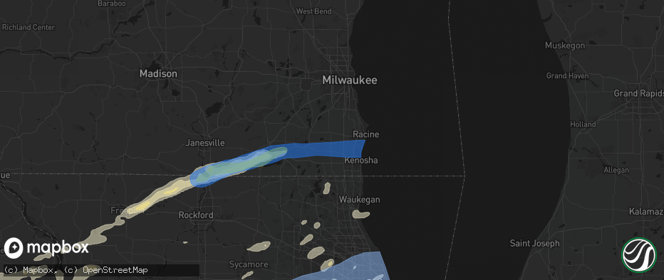 Hail map in Union Grove, WI on July 3, 2026