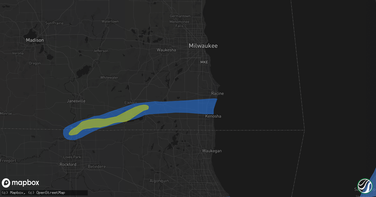 Hail map in Union Grove, WI on July 3, 2026