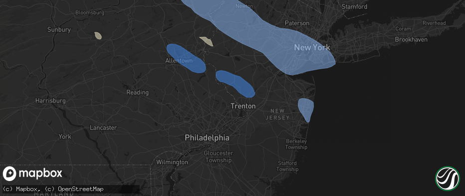 Hail map in Washington Crossing, PA on July 3, 2026