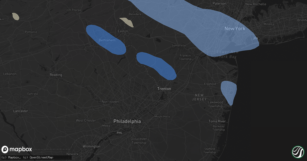 Hail map in Washington Crossing, PA on July 3, 2026
