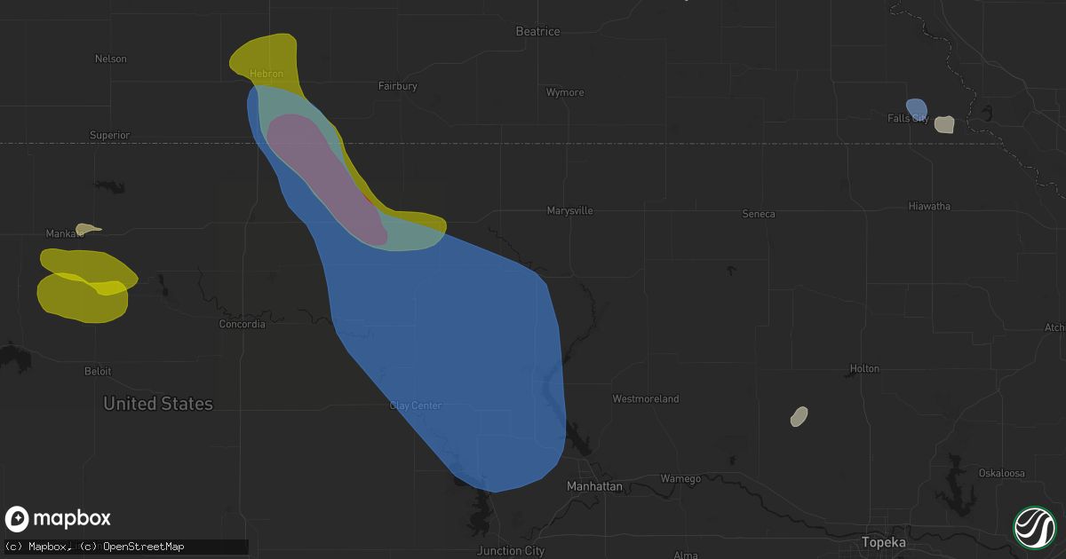 Hail map in Waterville, KS on July 3, 2026