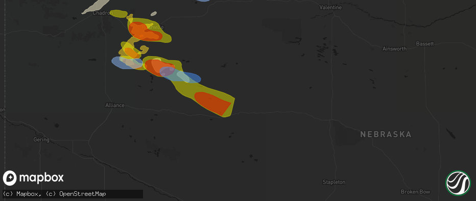 Hail map in Whitman, NE on July 3, 2026