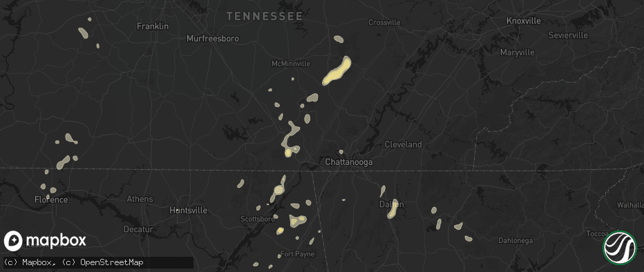 Hail map in Whitwell, TN on July 3, 2026