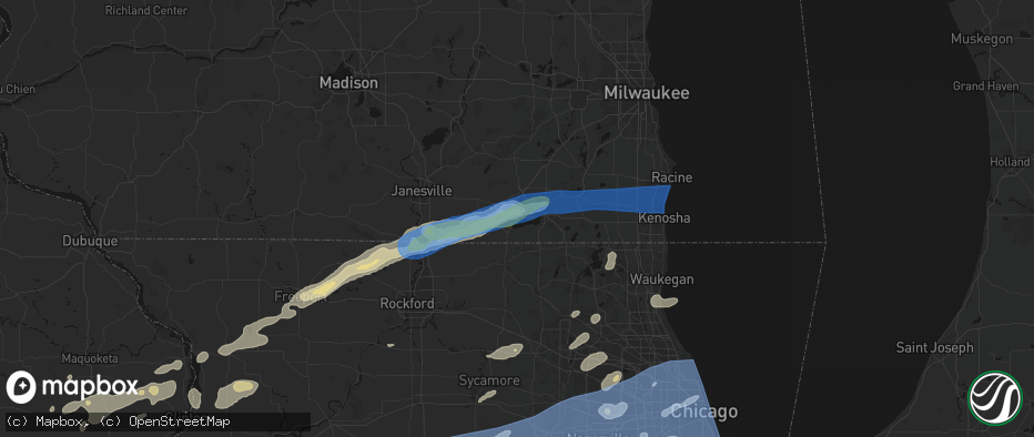 Hail map in Williams Bay, WI on July 3, 2026
