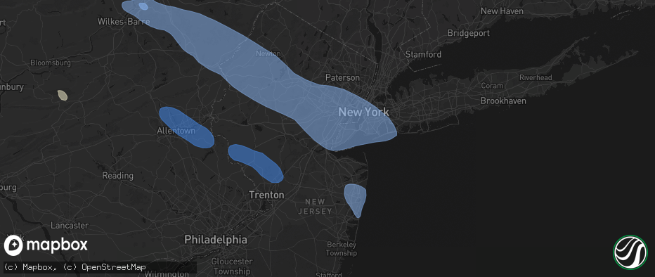Hail map in Woodbridge, NJ on July 3, 2026