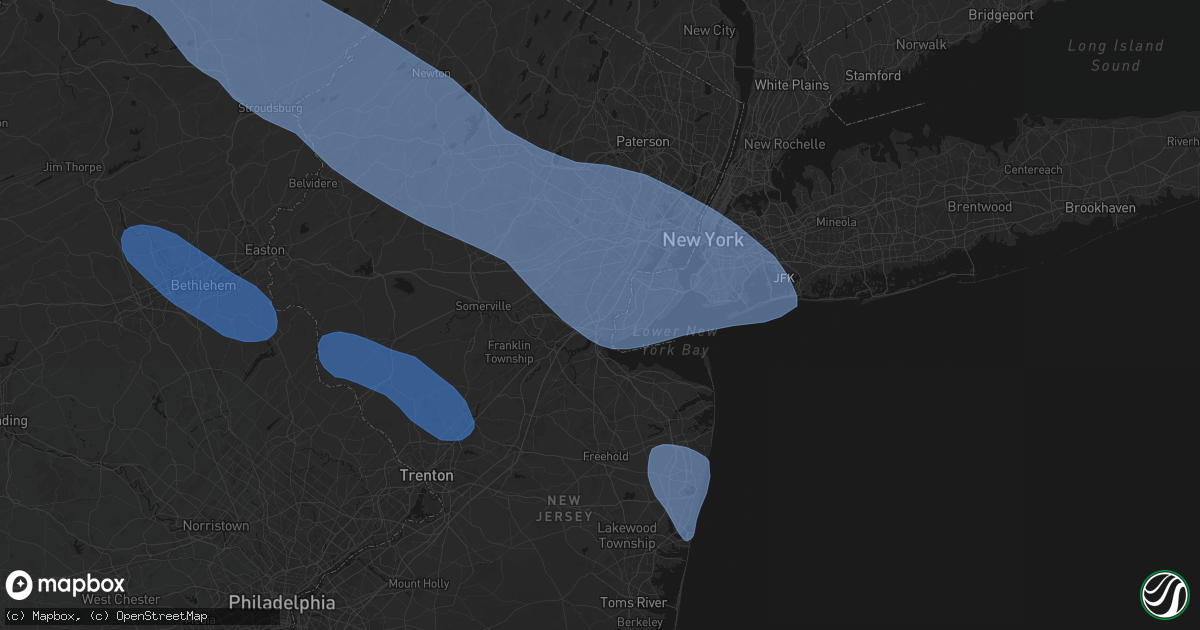 Hail map in Woodbridge, NJ on July 3, 2026