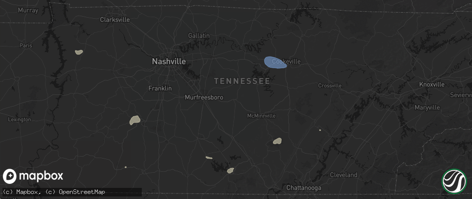 Hail map in Woodbury, TN on July 3, 2026