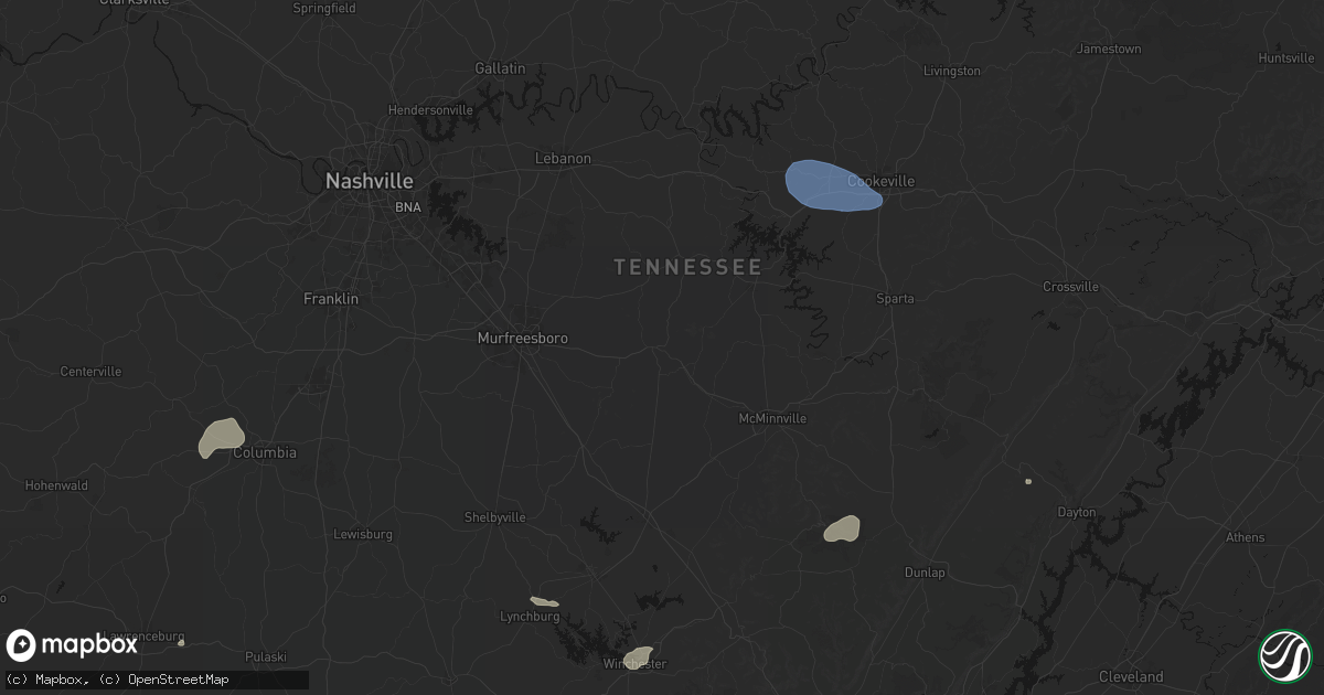 Hail map in Woodbury, TN on July 3, 2026