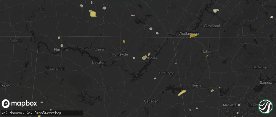 Hail map in Woodville, AL on July 3, 2026