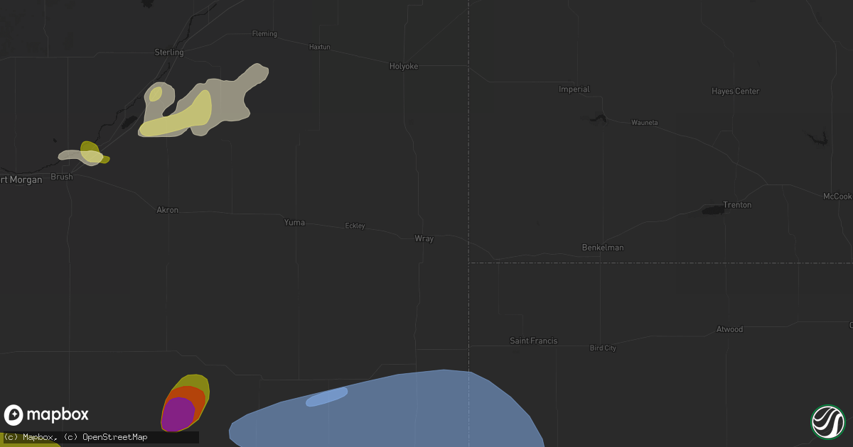 Hail map in Wray, CO on July 3, 2026