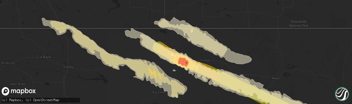 Hail map in Havre, MT on July 4, 2015