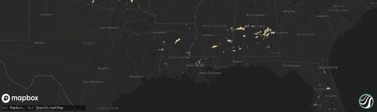 Hail map in Louisiana on July 4, 2015