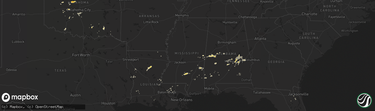 Hail map in Mississippi on July 4, 2015