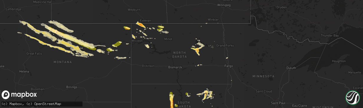 Hail map in North Dakota on July 4, 2015