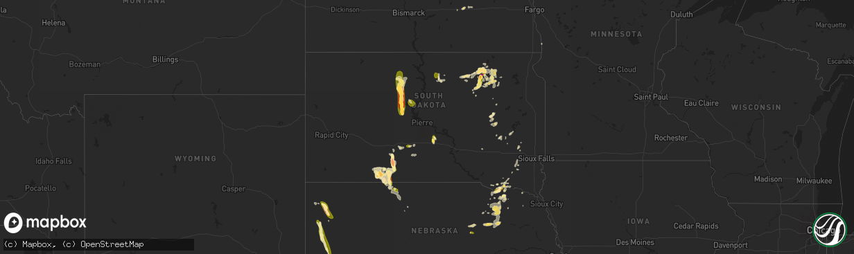 Hail map in South Dakota on July 4, 2015