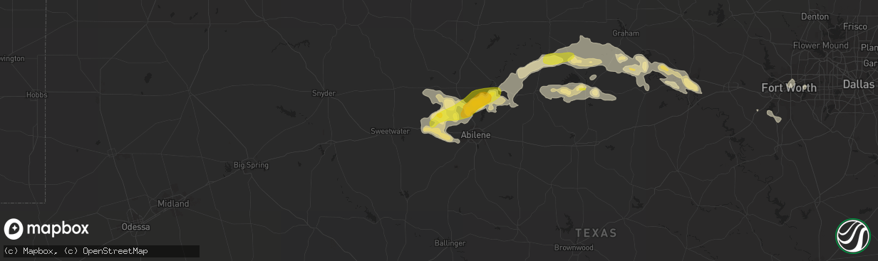 Hail map in Merkel, TX on July 4, 2016