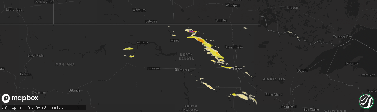 Hail map in North Dakota on July 4, 2016