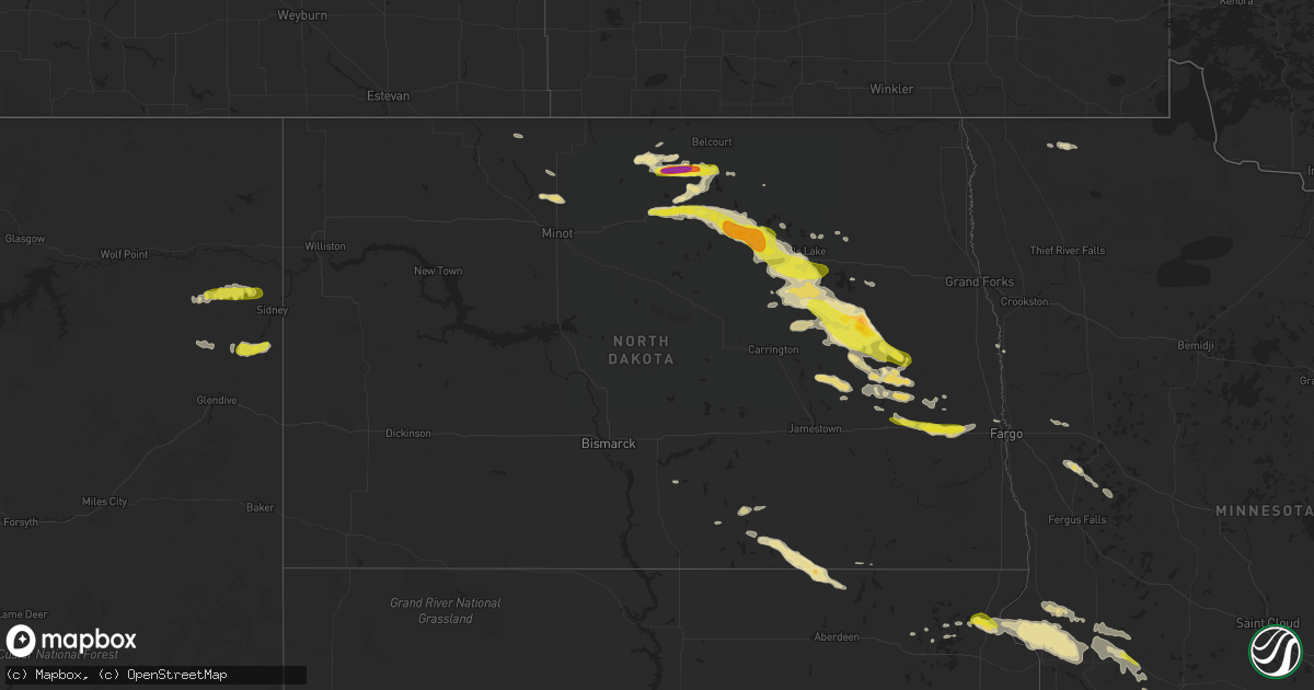 Hail map in North Dakota on July 4, 2016