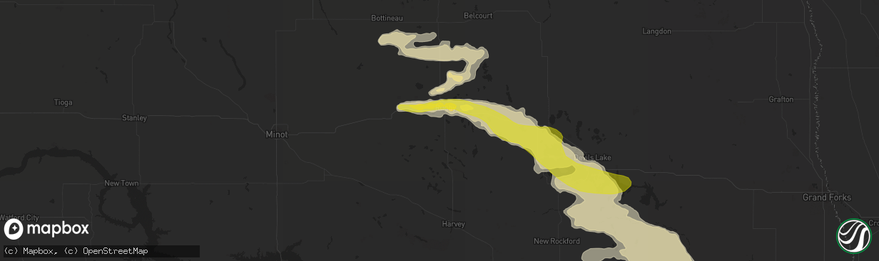 Hail map in Rugby, ND on July 4, 2016