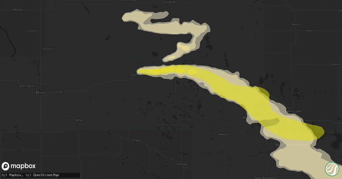 Hail map in Rugby, ND on July 4, 2016