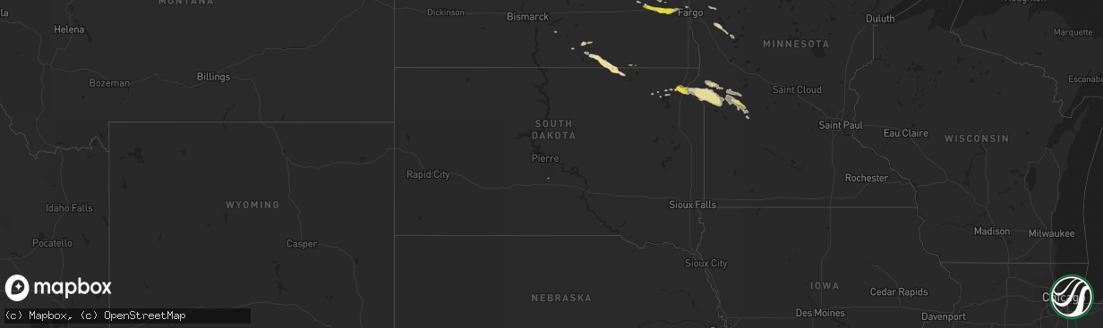 Hail map in South Dakota on July 4, 2016