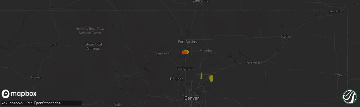 Hail map in Loveland, CO on July 4, 2018