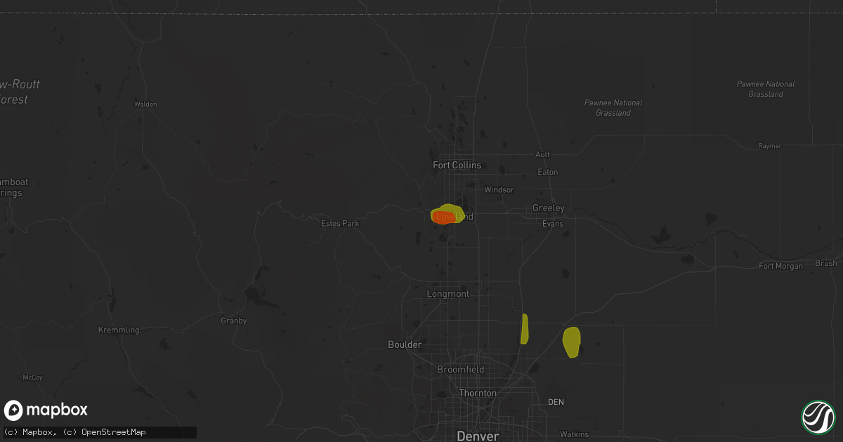 Hail map in Loveland, CO on July 4, 2018