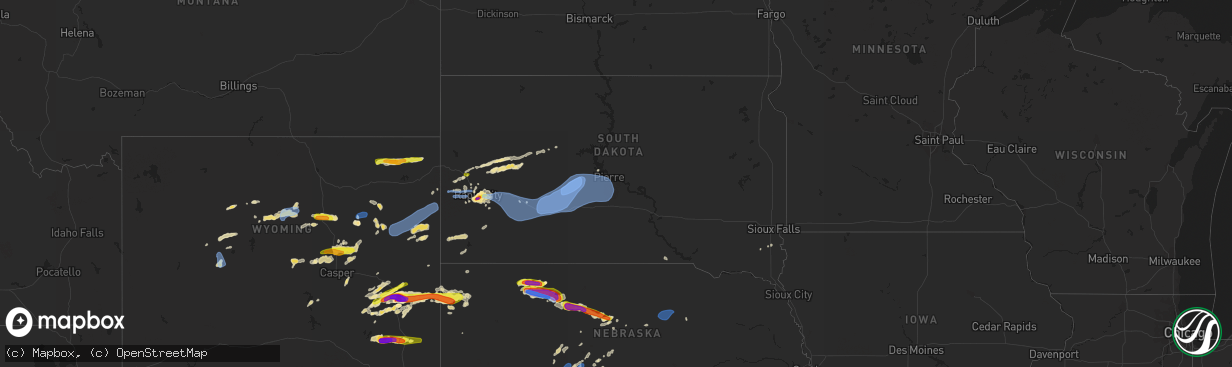 Hail map in South Dakota on July 4, 2019