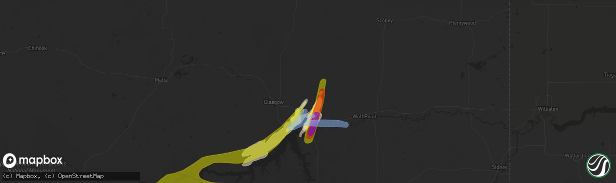 Hail map in Nashua, MT on July 4, 2020